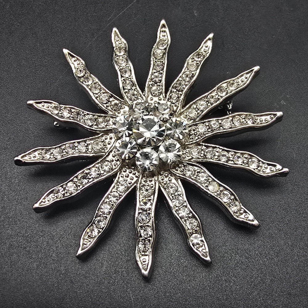 Rhinestone Sunburst Brooch Silver Tone Celestial Vintage Costume Jewelry